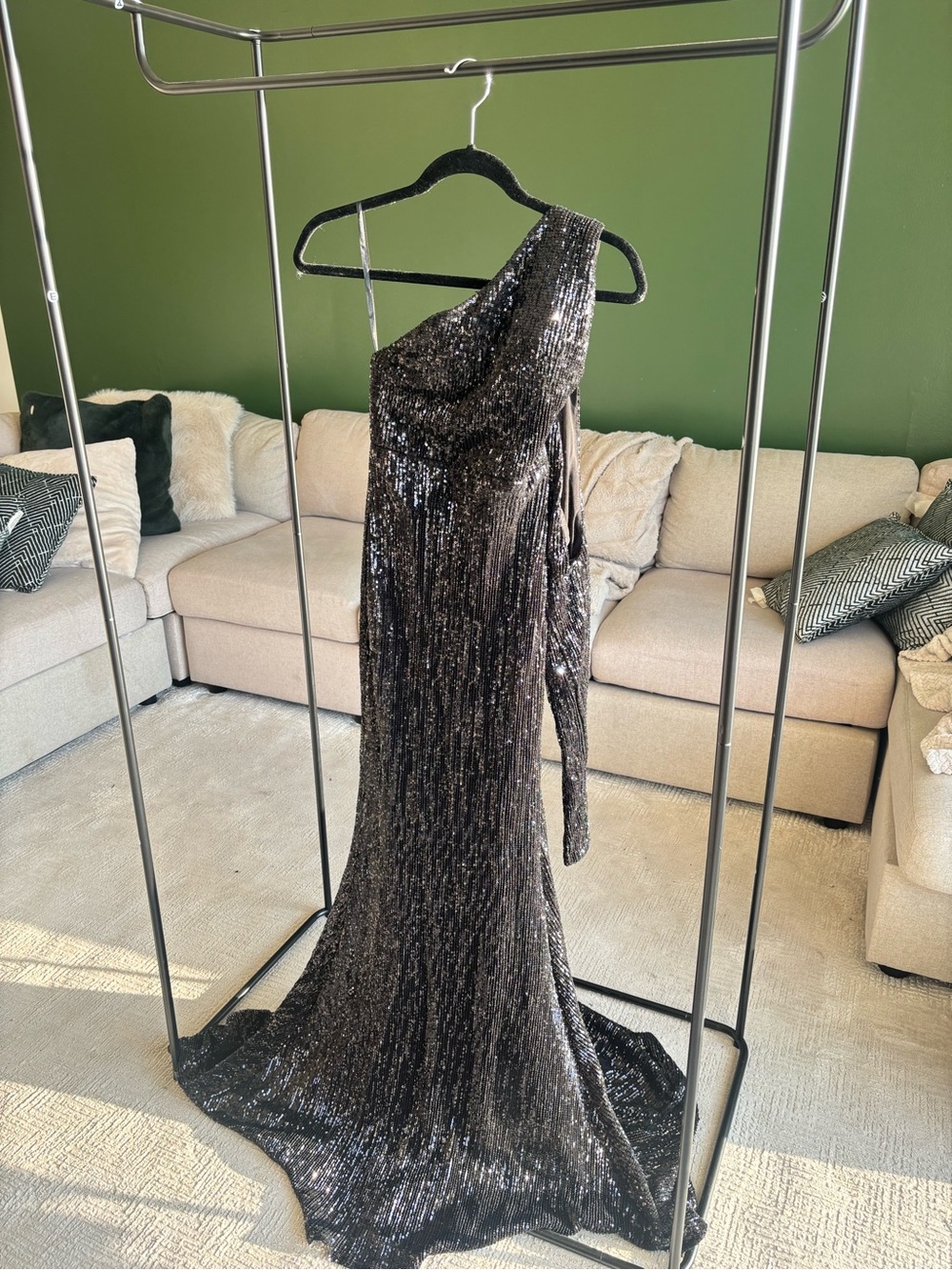 Portia and Scarlett Black One-Shoulder Sequin Gown